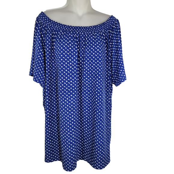 Susan Graver Top Womens Size 3X Blue Dotted Smocked Liquid Knit Off the Shoulder - Picture 1 of 11